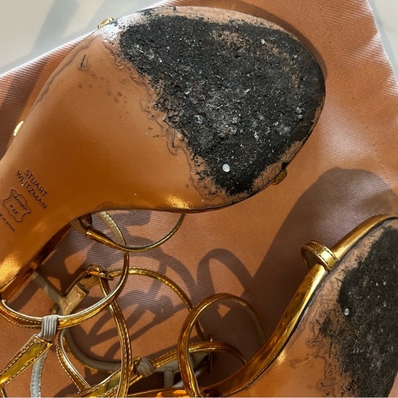 Stuart Weitzman • sky high gold strappy stiletto sandals • 40 - Picture 11 of 16